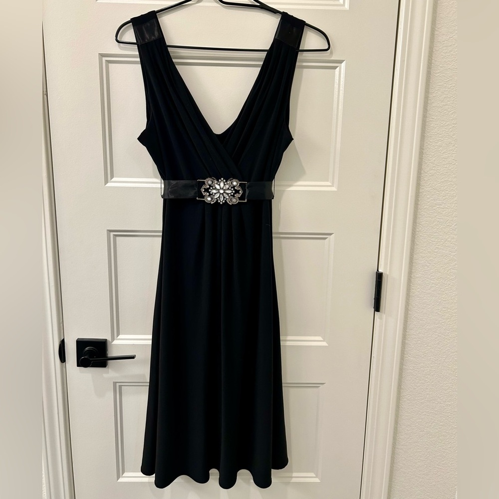 Black Dress with belt brooch and ribbon tie